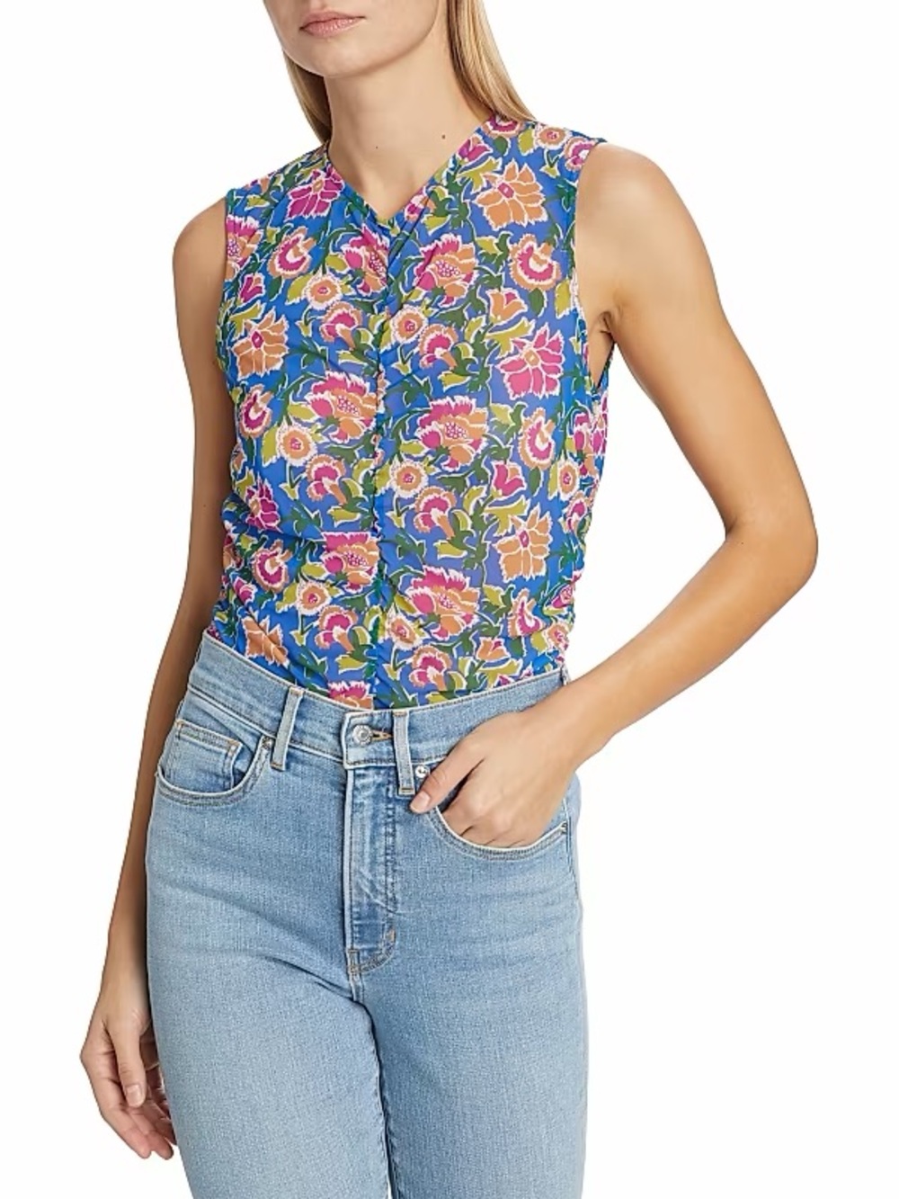 Veronica Beard Tazmin Floral Mesh Ruched Sleeveless Top Blue Pink Size 6